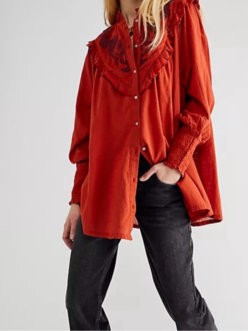 Free People rose vines embroidered Button-Down Blouse